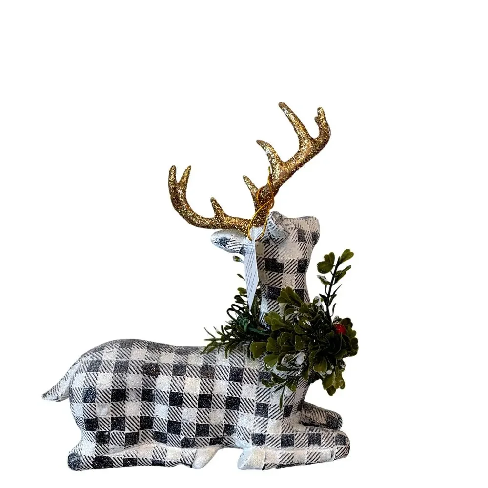 Mark Roberts Plaid Christmas Reindeer Gold Antlers 3pc 13in Holiday Decor NEW